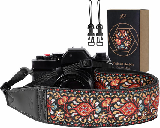Padwa Lifestyle Red Flower Camera Strap - 2" Full Grain Leather Ends Camera Straps for Photographers, Vintage Embroidered Cotton Weave Soft Suede Fabric Padded Strap Quick Release fits All Cameras