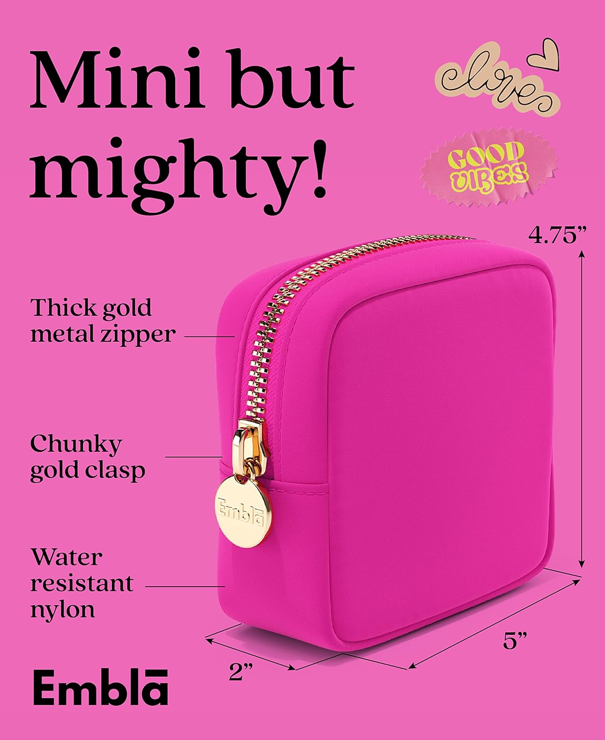 Embla Makeup Bag Travel Cosmetics Pouch and Toiletry Bag, Nylon Zipper Pouch Purse, Cute Make Up Organizer Storage Tote for Women Girls, Waterproof Travel Skincare Case, Small Makeup Bags, Fuchsia