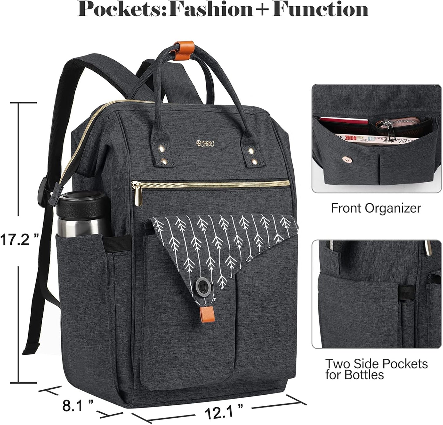 17.3 Inch Travel Laptop Backpack for Women, College School Backpack with USB Port Charging, Water Resistant Casual Sturdy Computer Bag Gifts for Women Girls, Black