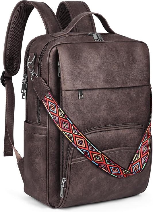 Leather Laptop Backpack, 15.6 Inch Business Computer Bag, Designer College Backpack Travel Backpack with Colorful Shoulder Bag Strap Dark Coffee