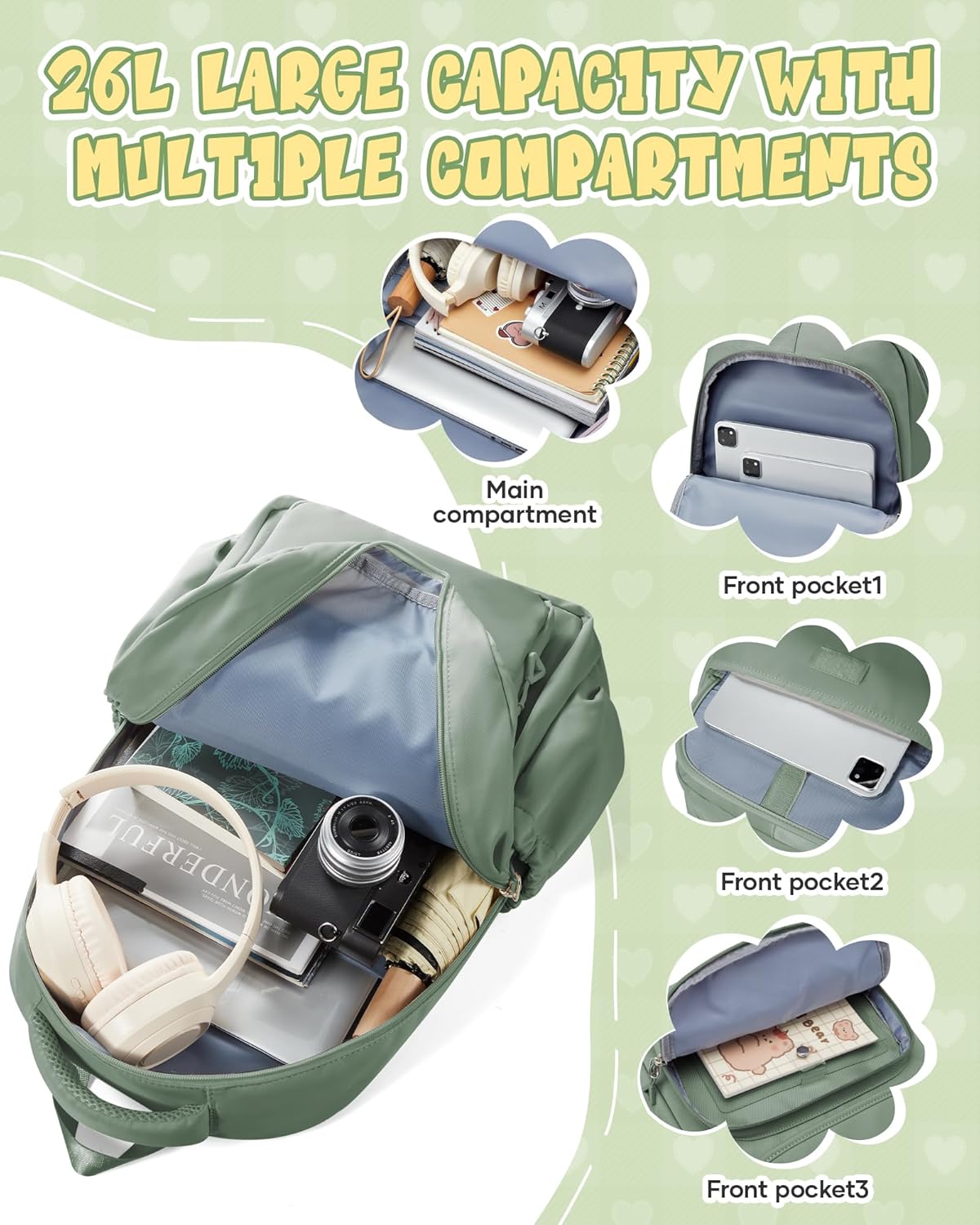 School Backpack for Women Men Cute Backpack for College Students Lightweight High School bag for Teens Girls Boys Waterproof Casual Daypacks Bookbag(Green)