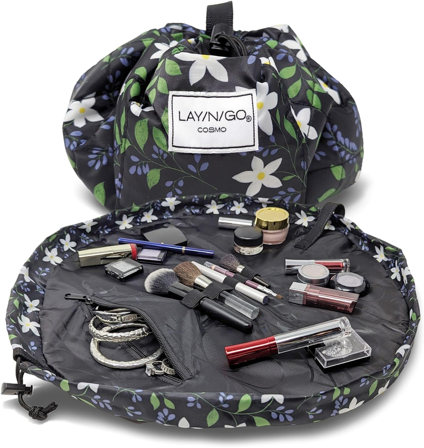 Lay-n-Go Cosmo Drawstring Cosmetic & Makeup Bag Organizer - Portable Drawstring Makeup Bag w/Zipper Pocket, Makeup Loops & More - Durable, Machine Washable Toiletry Bag (20", Floral Large)