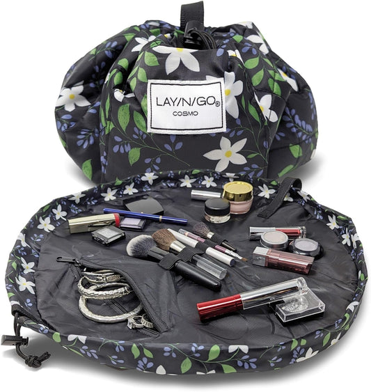 Lay-n-Go Cosmo Drawstring Cosmetic & Makeup Bag Organizer - Portable Drawstring Makeup Bag w/Zipper Pocket, Makeup Loops & More - Durable, Machine Washable Toiletry Bag (20", Floral Large)