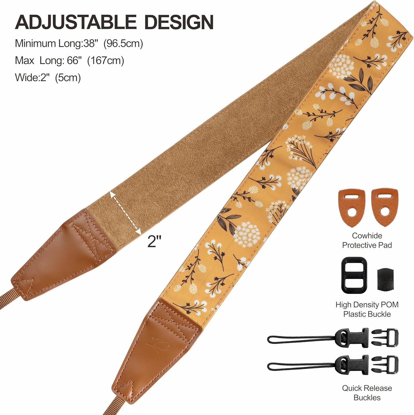 Padwa Lifestyle Camera Strap - 2" Full Grain Leather Ends Camera Straps for Photographers, Vintage Embroidered Cotton Weave Soft Suede Fabric Padded Strap Quick Release fits All Cameras