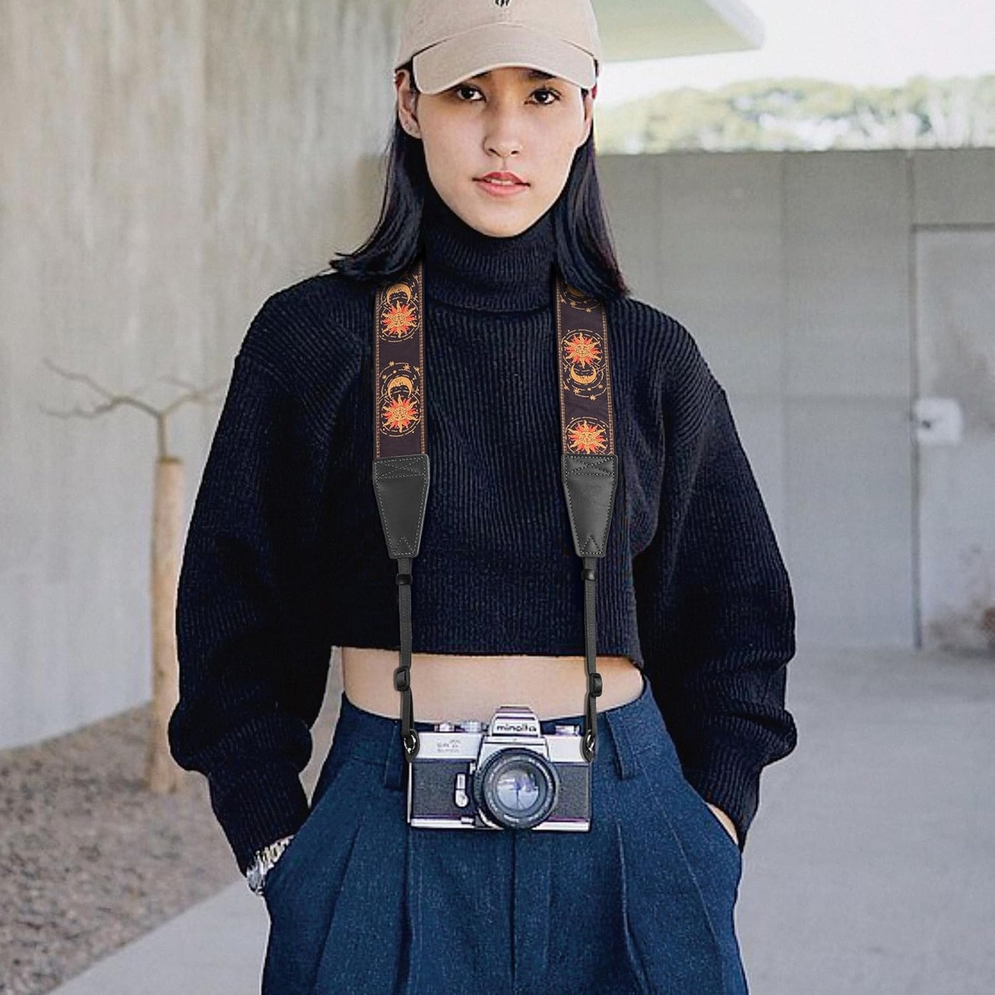 Padwa Lifestyle Helios Moon God Camera Strap -2" Full Grain Leather Ends Camera Straps for Photographers, Vintage Embroidered Cotton Weave Soft Suede Fabric Padded Strap Quick Release fits All Cameras