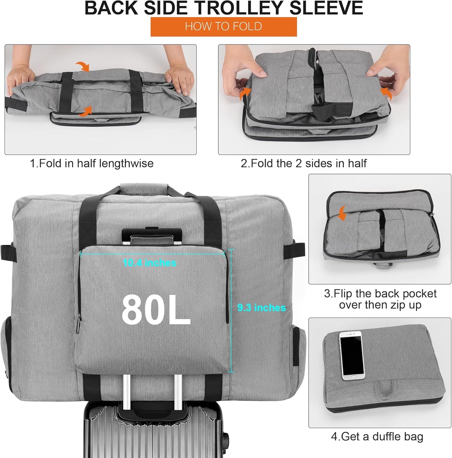 Large Travel Duffle Bag for Men Women, 80L 100L 120L Foldable Waterproof Duffle Bag, Packable Bag with Shoes Compartment for Overnight Gym Weekender Bag (Gray, 80L)