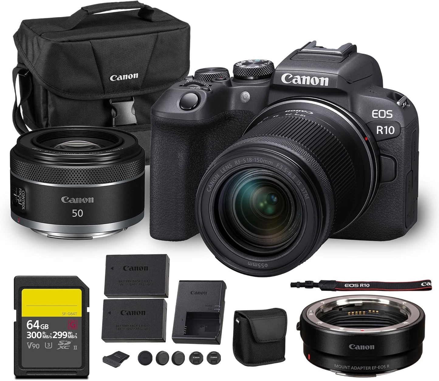 Canon EOS R10 Mirrorless Camera Kit | 24.2MP APS-C Sensor with RF-S 18-150mm Lens | 4K Video Dual Pixel AF Compact Travel Photography (5331C016) + Canon RF 50mm f/1.8 Lens + Adapter EF-EOS R + More