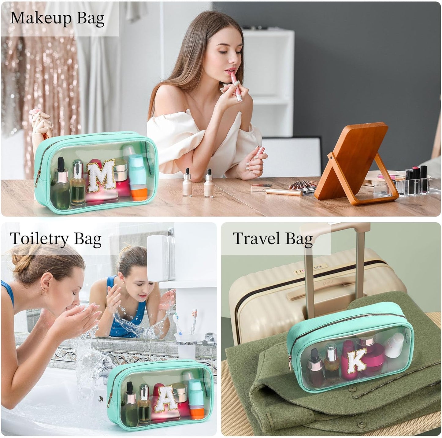 YOOLIFE Initial Make Up Bag Travel Toiletry Bag, Clear Makeup Bag Preppy Cosmetic Bags Organizer Travel Essentials Gifts for Women Teen Girlfriend Teacher Mom Birthday Mothers Day Gifts Blue B