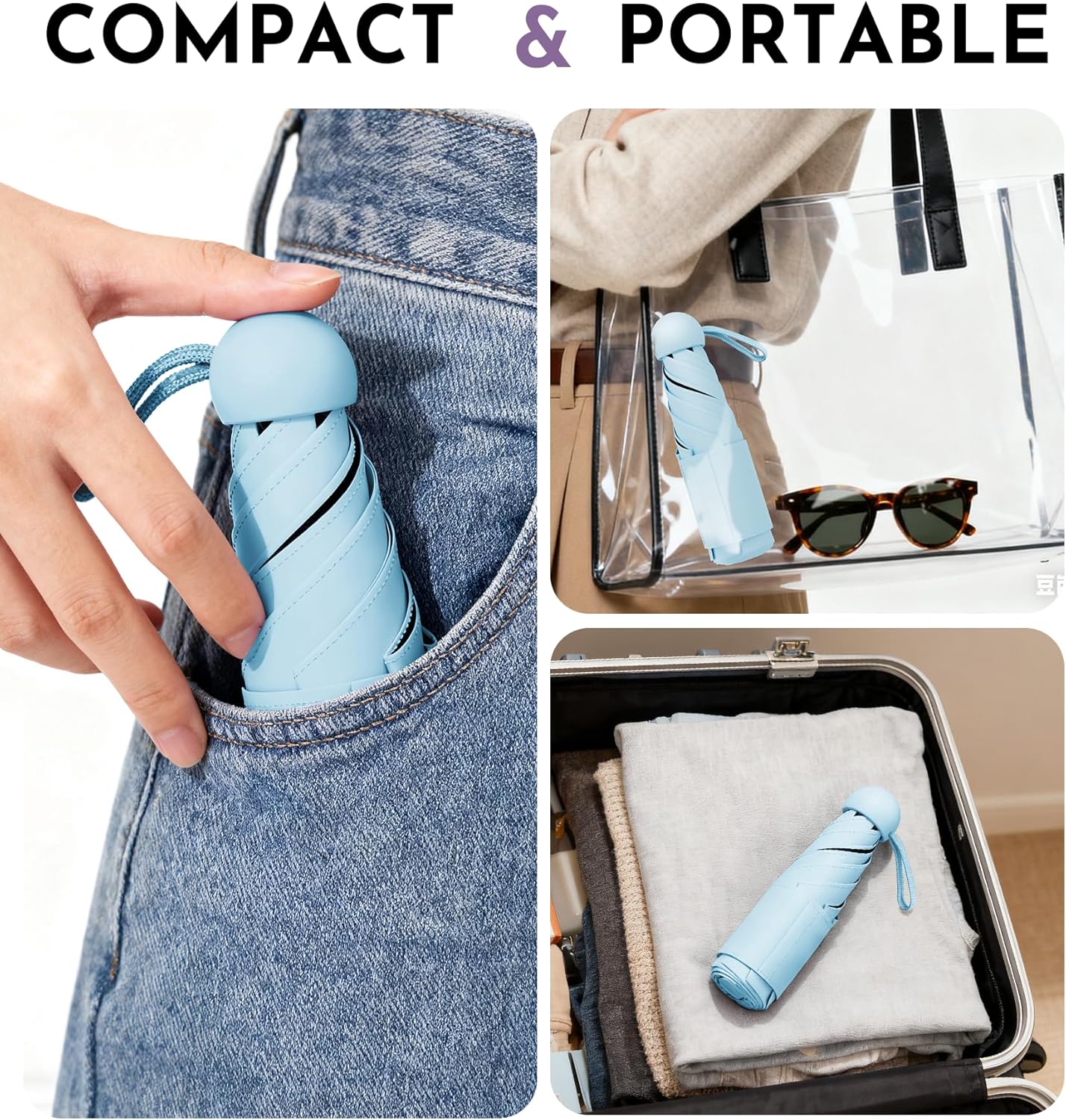Travel Mini Umbrella Compact Small & Lightweight, UV Rain Protection, Pocket-Sized Folding Umbrellas with Quickdraw & Case for Men Women & Kids Backpack