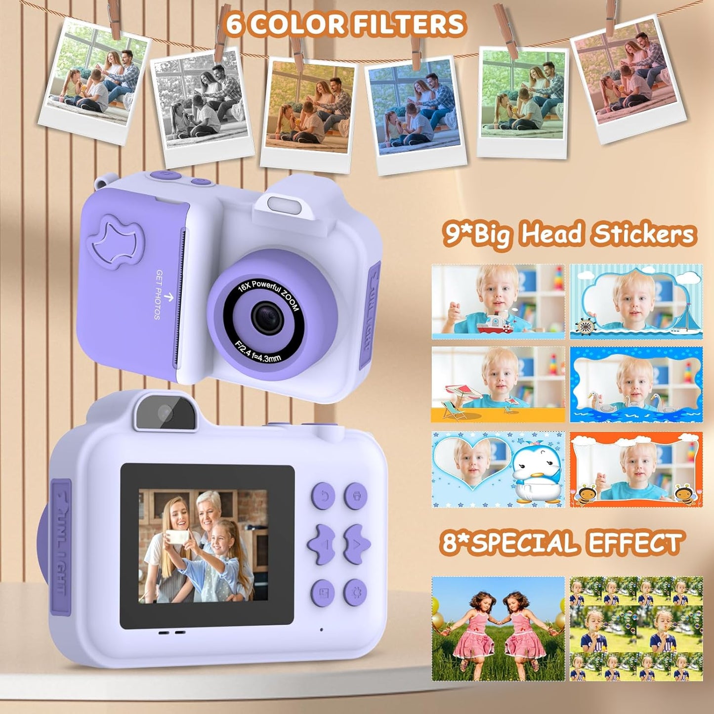 Kids Camera Instant Print, Christmas Birthday Gifts Toys for Girls Boys Age 4 5 6 7 8 9 10 11 12 Years Old,1080P HD Dual-Lens Selfie Digital Camera with 5 Rolls Print Paper Stickers Pens & 32G Card