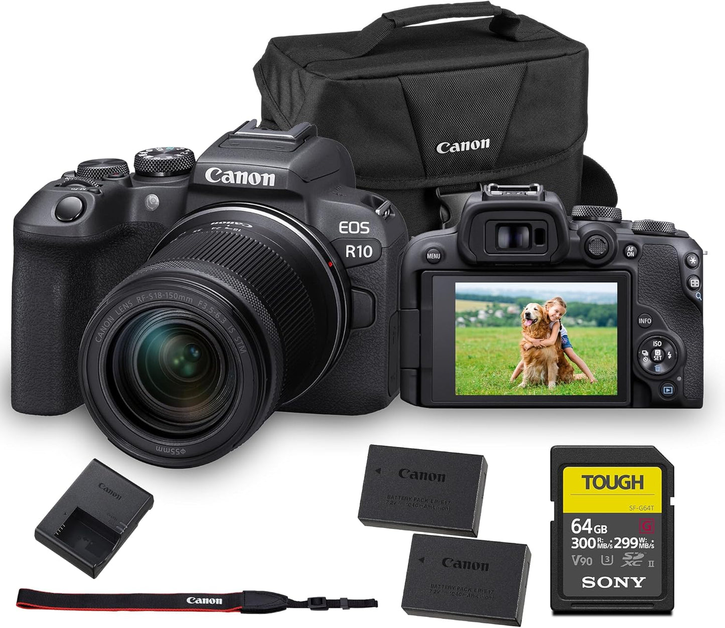 Canon EOS R10 Mirrorless Camera with RF-S 18-150mm Lens – 24.2MP APS-C Sensor, 4K 60p Video, Dual Pixel AF II, Compact Travel-Friendly Design (5331C016) + 64GB Card + LP-E17 Battery + Shoulder Bag