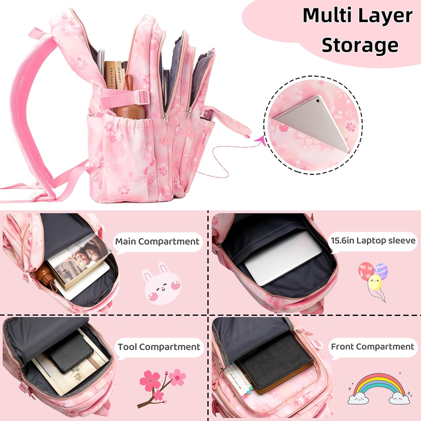 Kids Backpack for Girls Flower schoolbag with Lunch Bag & Pen Case Waterproof Girl Bookbag for Elementary school(pink)