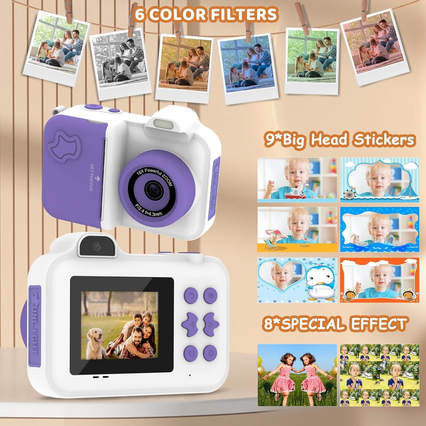Kids Camera Instant Print, Christmas Birthday Gifts Toys for Girls Boys Age 4 5 6 7 8 9 10 11 12 Years Old,1080P HD Dual-Lens Selfie Digital Camera with 5 Rolls Print Paper Stickers Pens & 32G Card