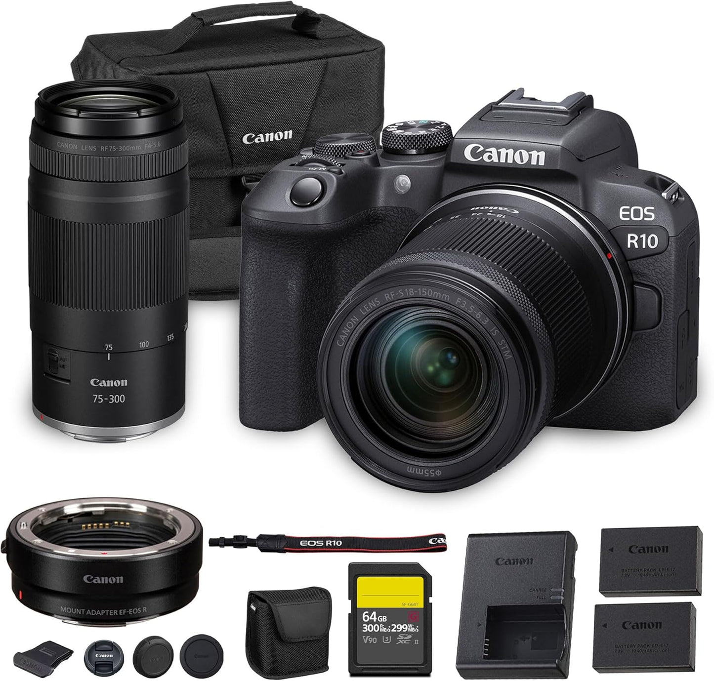 Canon EOS R10 Mirrorless Camera Kit | 24.2MP APS-C Sensor with RF-S 18-150mm Lens | 4K Video Dual Pixel AF Compact Travel Photography + Canon RF 75-300mm Lens + Adapter EF-EOS R + 64GB Card + More