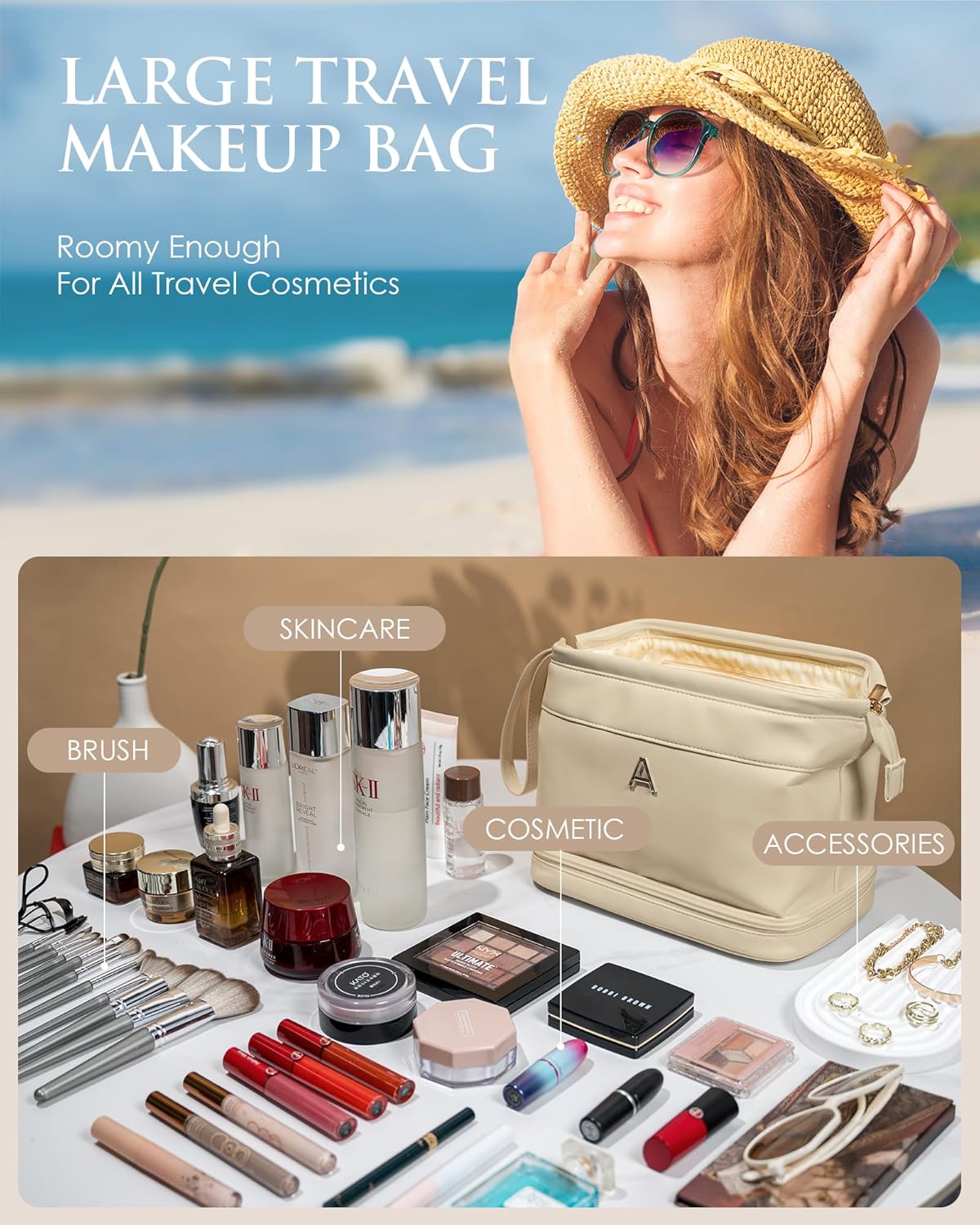 Gifts for Friends Female Mom, Initial Makeup Bag, Personalized Double Layer Cosmetic Bag with Makeup Brush Organizer, Waterproof, Large Capacity PU Leather Travel Toiletry Bag, Gift for Wife