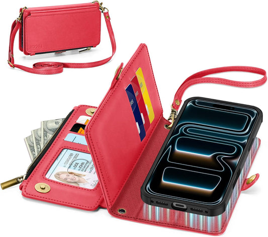 TUCCH Detachable Crossbody Wallet Case for iPhone 17 Pro 6.3", 9 Card Slots RFID Blocking | Stand | Lanyard Wrist Strap | Wireless Charging | Zipper Pocket | PU Leather Magnetic Flip Cover | Red