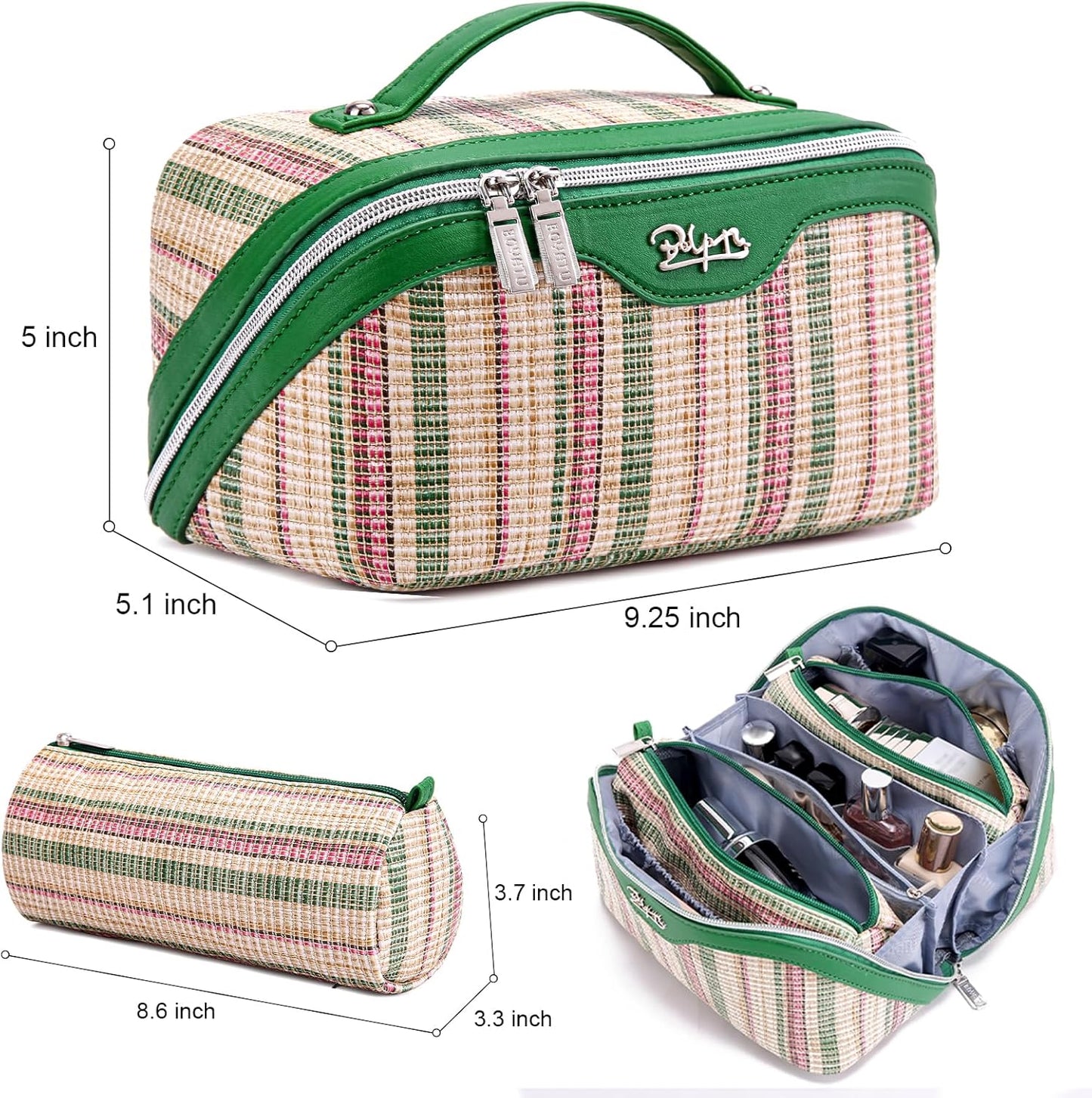 BOYATU Travel Makeup Bag for Women: Large Capacity Open Flat Make up Bag Set of 3 - Vegan Leather Cosmetic Bag with Compartments - Waterproof Toiletry Bag with Handle & Divider(I-3-Green)