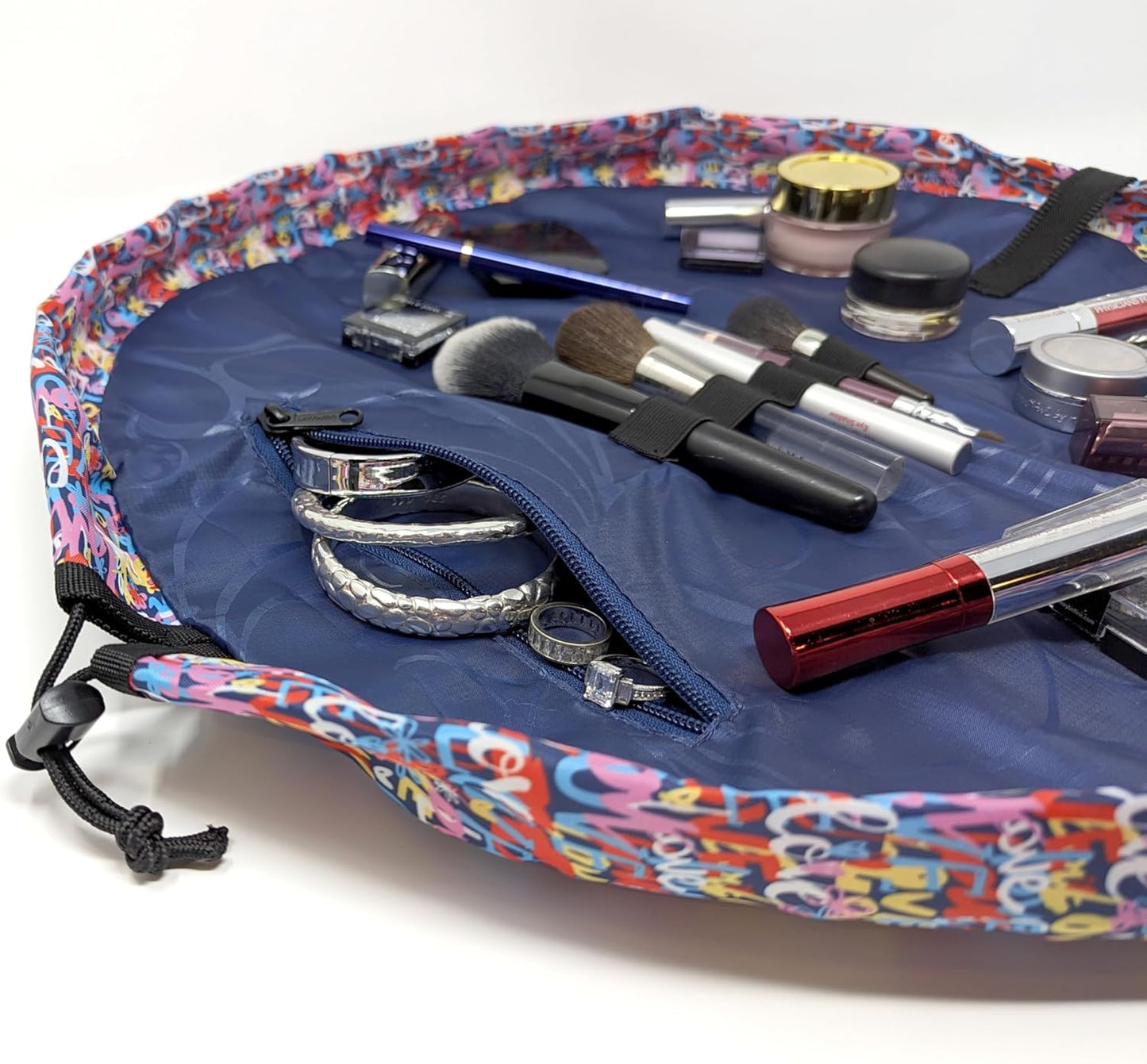 Lay-n-Go Cosmo Layflat Drawstring Cosmetic & Makeup Bag Organizer w/Zipper Pocket, Brush Loops & More, Cinch to Close, Lay Flat to Use, Durable, Machine Wash, Travel Toiletry Bag (20", Love)