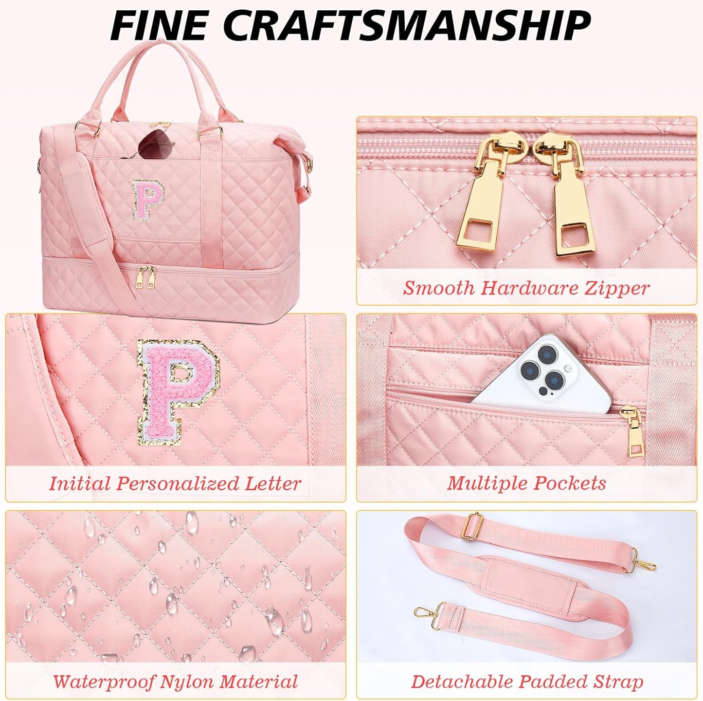 Gifts for Women Teen Girls Birthday Christmas Initial Travel Duffle Bag Quilted Weekender Bags Carry-On Overnight with Cosmetic Bag, Gym Bag with Shoe Compartment, Pink-P