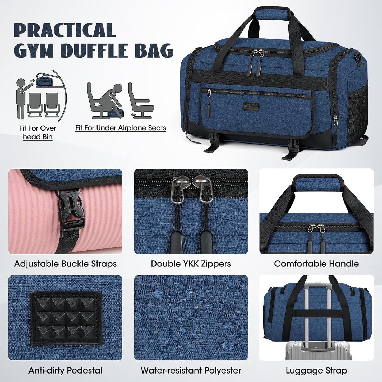 IGOLUMON Gym Bag for Men 55L Sports Duffel Bags Gym Duffle Bag Women with Shoe Compartment & Wet Pocket Water Resistant Travel Duffel Bag Lightweight Weekender Overnight Bag Blue