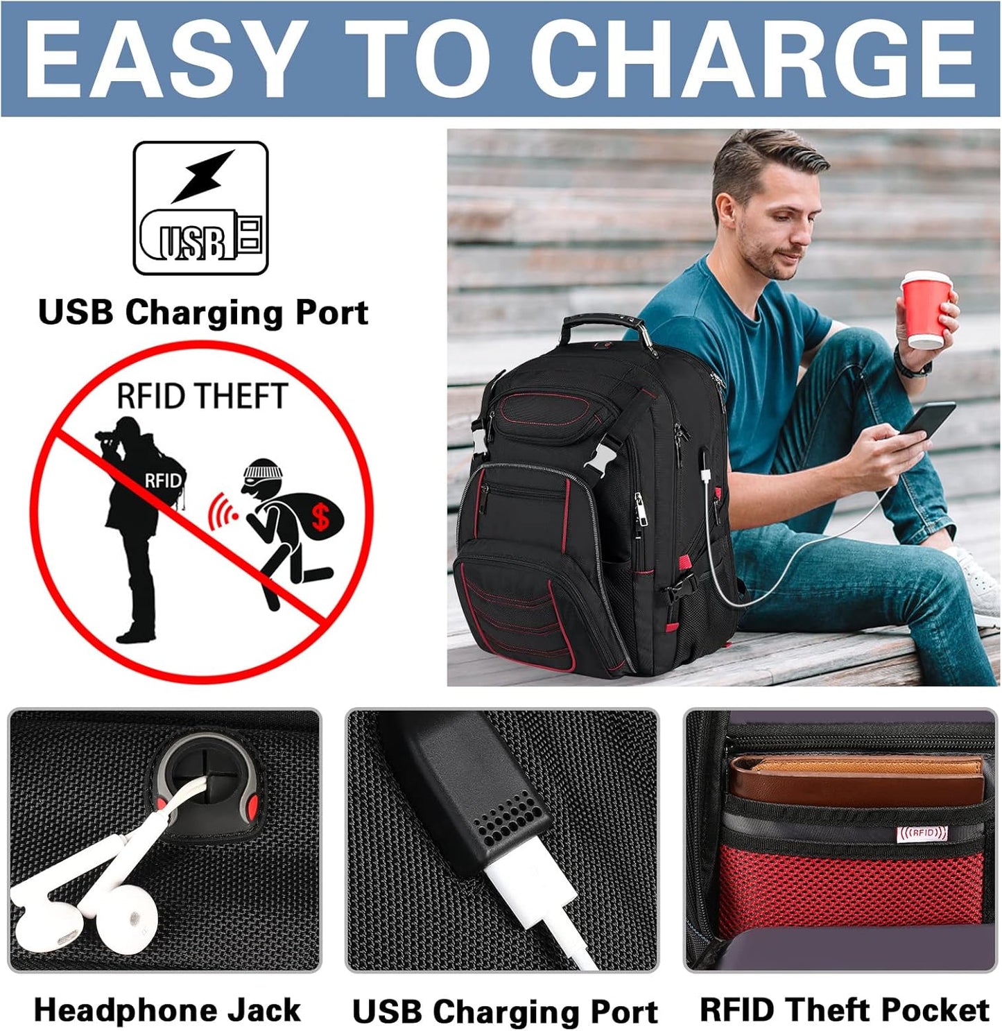 18.4 Laptop Backpack for Men, Extra Large Gaming Laptops Backpack with USB Charger Port, TSA Friendly Big Capacity Heavy Duty Travel Computer Bag RFID Anti-theft Pocket Backbag,21.2*15.5*11.5inch Red