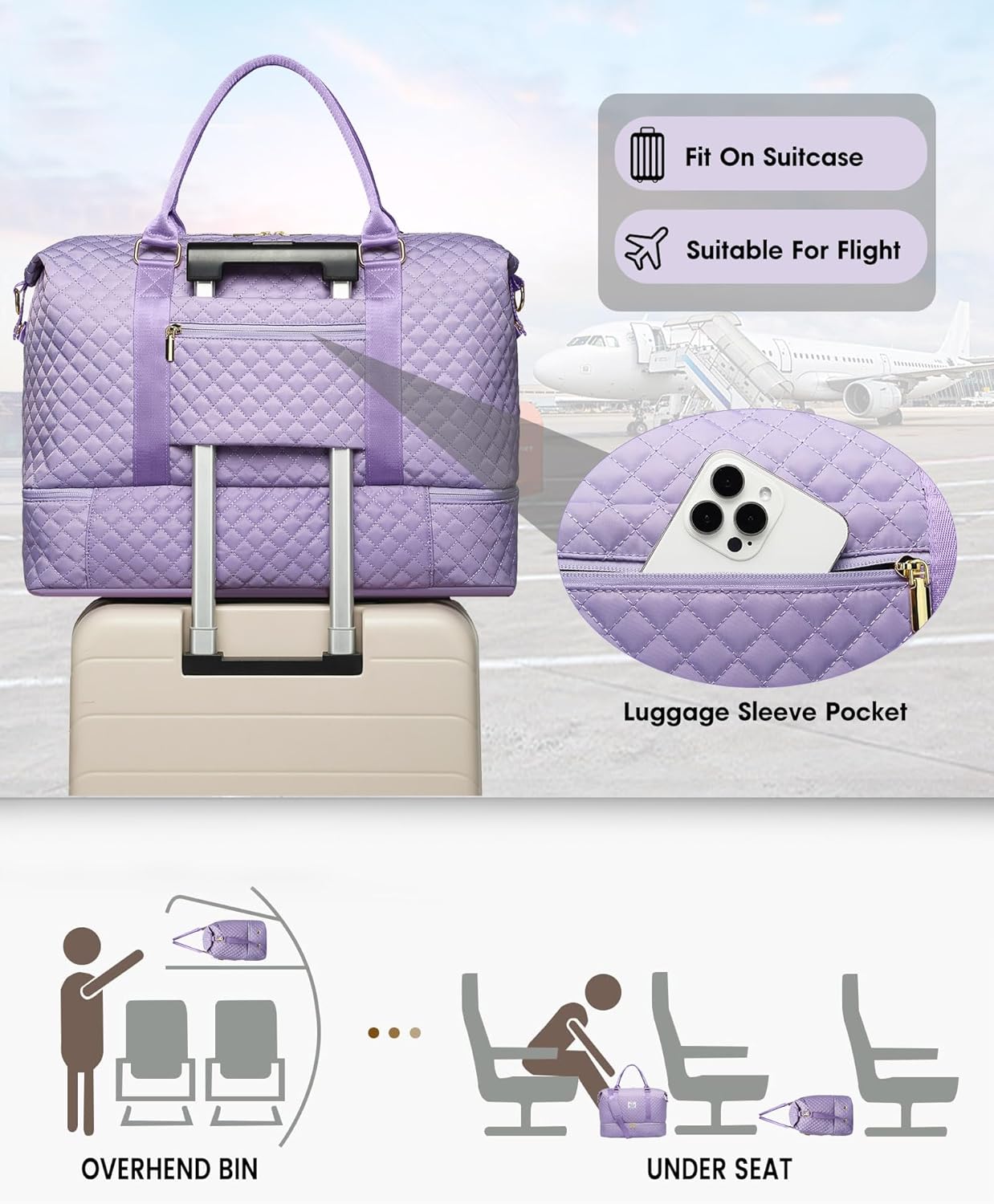 Weekender Bags for Women Duffle Bag - Travel Duffel Bag with Shoe Compartmen Carry on Overnight Bag Gym Duffel Bag with Wet Pocket Hospital Bags for Labor and Delivery Purple