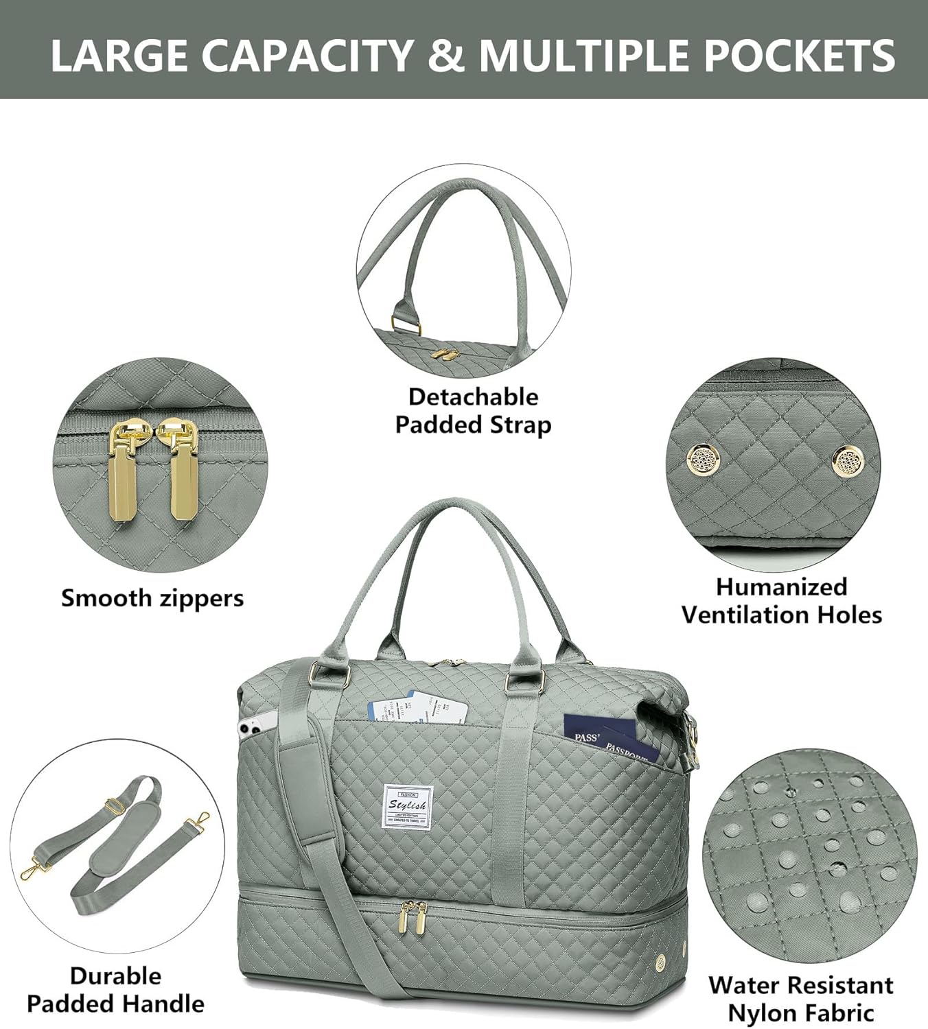 Weekender Bags for Women Duffle Bag - Travel Duffel Bag with Shoe Compartmen Carry on Overnight Bag with Toiletry Bag Gym Tote Bag with Wet Pocket Hospital Bags for Labor and Delivery Green