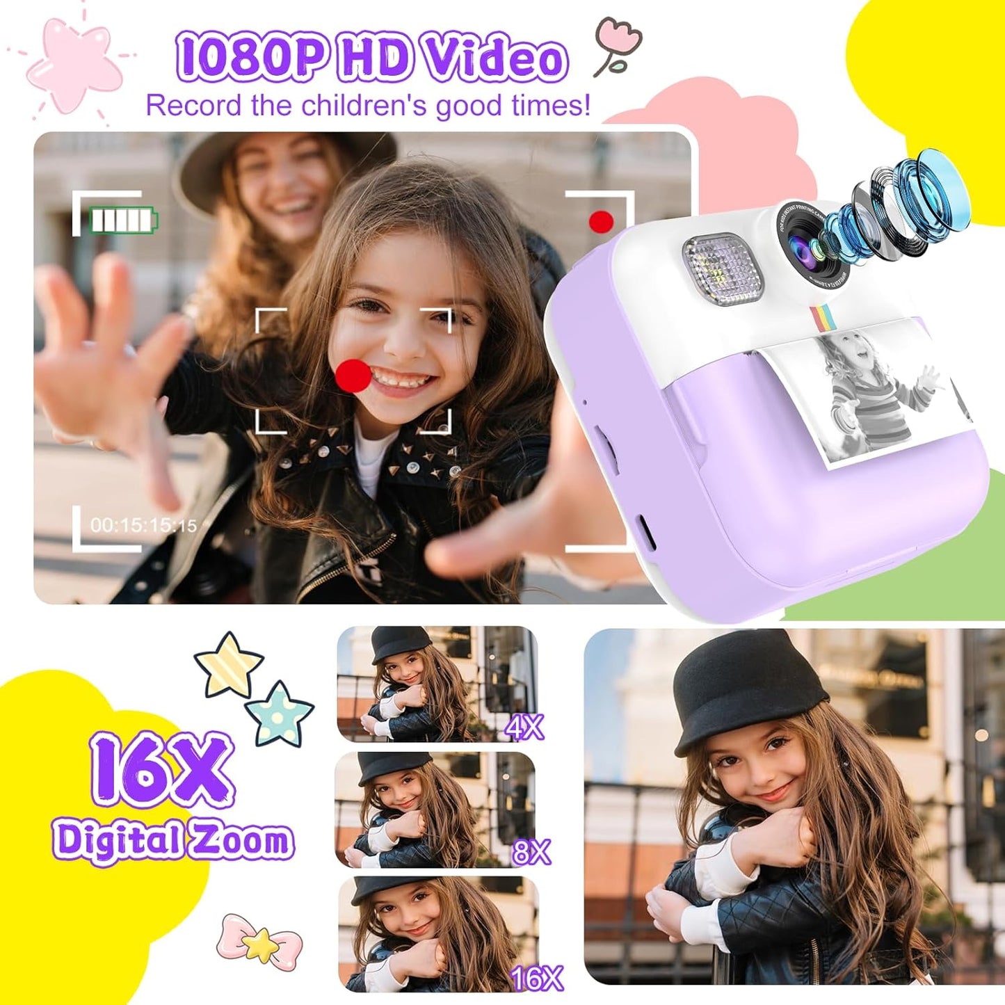 Kids Instant Print Camera, Christmas & Birthday Gift for Girls & Boys, Digital Camera with 32GB Card, 1080P Video, Portable Purple Toy for Ages 3-10