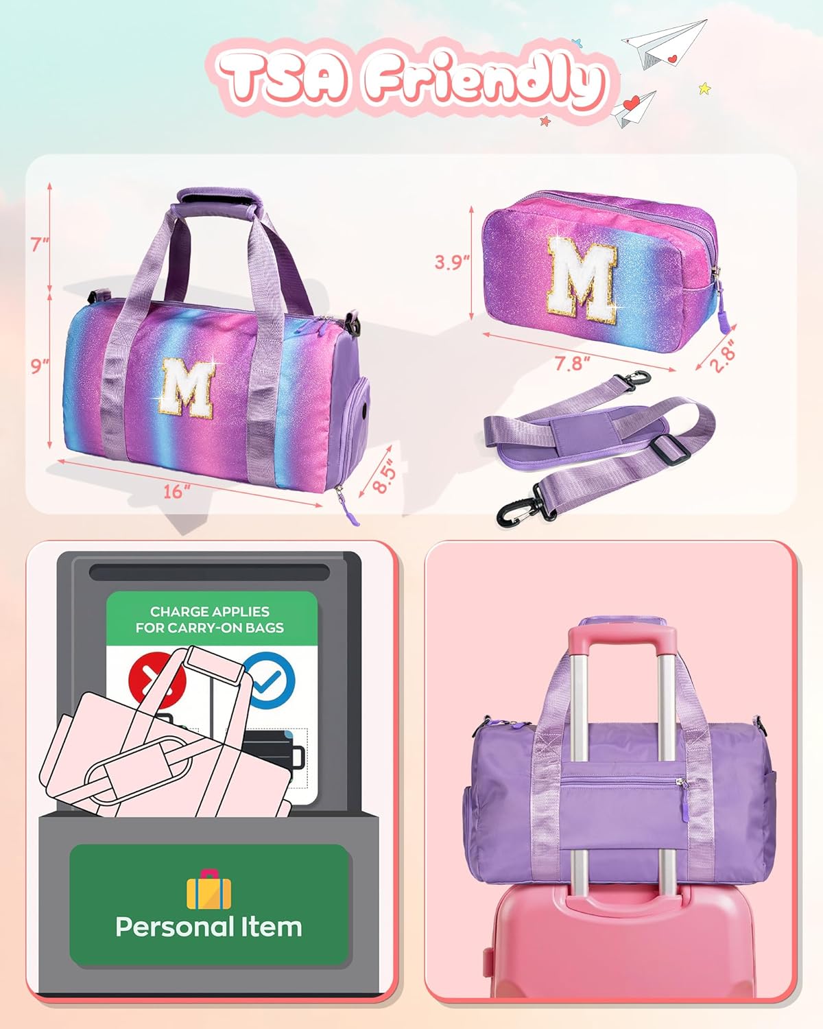 Customized Gifts for Daughter -Girl Gym Bag with Shoe Compartment, Kid Personalized Weekender Overnight Bags, Initial Travel Tote with Makeup Pouch, Sweet Girls Gift for Niece (Letter H)