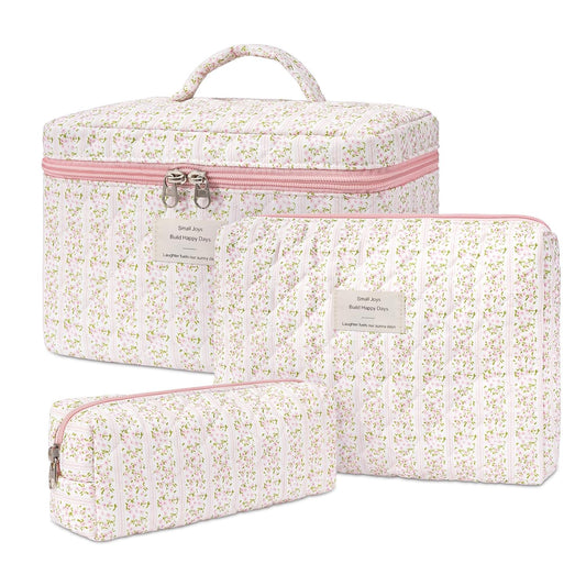 Makeup Bag,Quilted Cosmetic Bags,Large Floral Make Up Organize bag,Makeup Bag Set for Women,Flower Travel Toiletry Bag