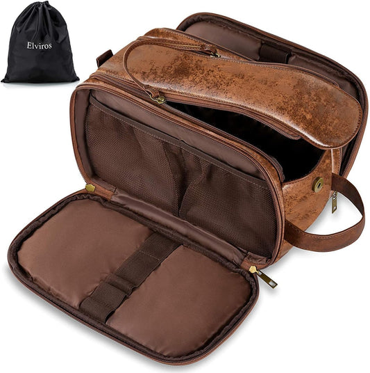 Elviros Toiletry Bag for Men, Large Travel Shaving Dopp Kit Water-resistant Bathroom Toiletries Organizer PU Leather Cosmetic Bags Fathers Day Gift (Medium, Dark Brown)