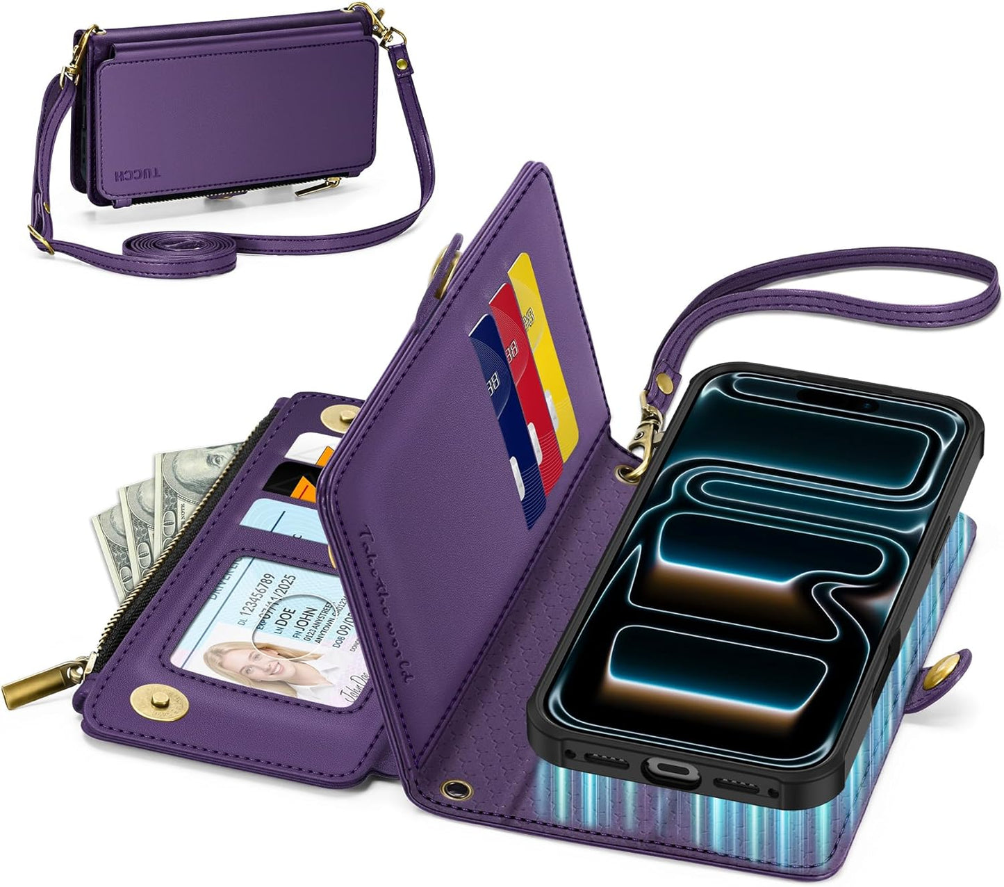 TUCCH Removable Crossbody Wallet Case for iPhone 17 Pro 6.3", RFID Blocking 9 Card Holders, Lanyard, Wrist Strap, Wireless Charging, Stand, Zipper Pocket, PU Leather, Magnetic Flip Cover, Deep Purple