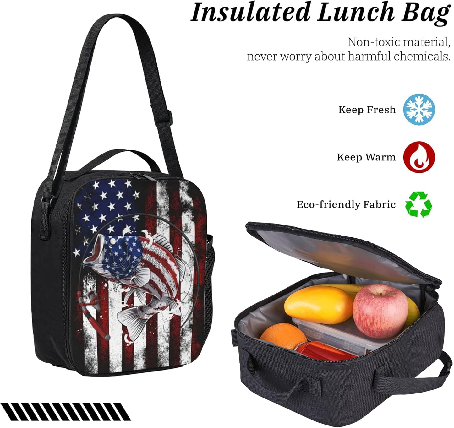 USA Fish Kid Backpack Set with Lunch Bag & Pencil Case Large Capacity School Bag 17 Inch Bookbag for Boy Girl