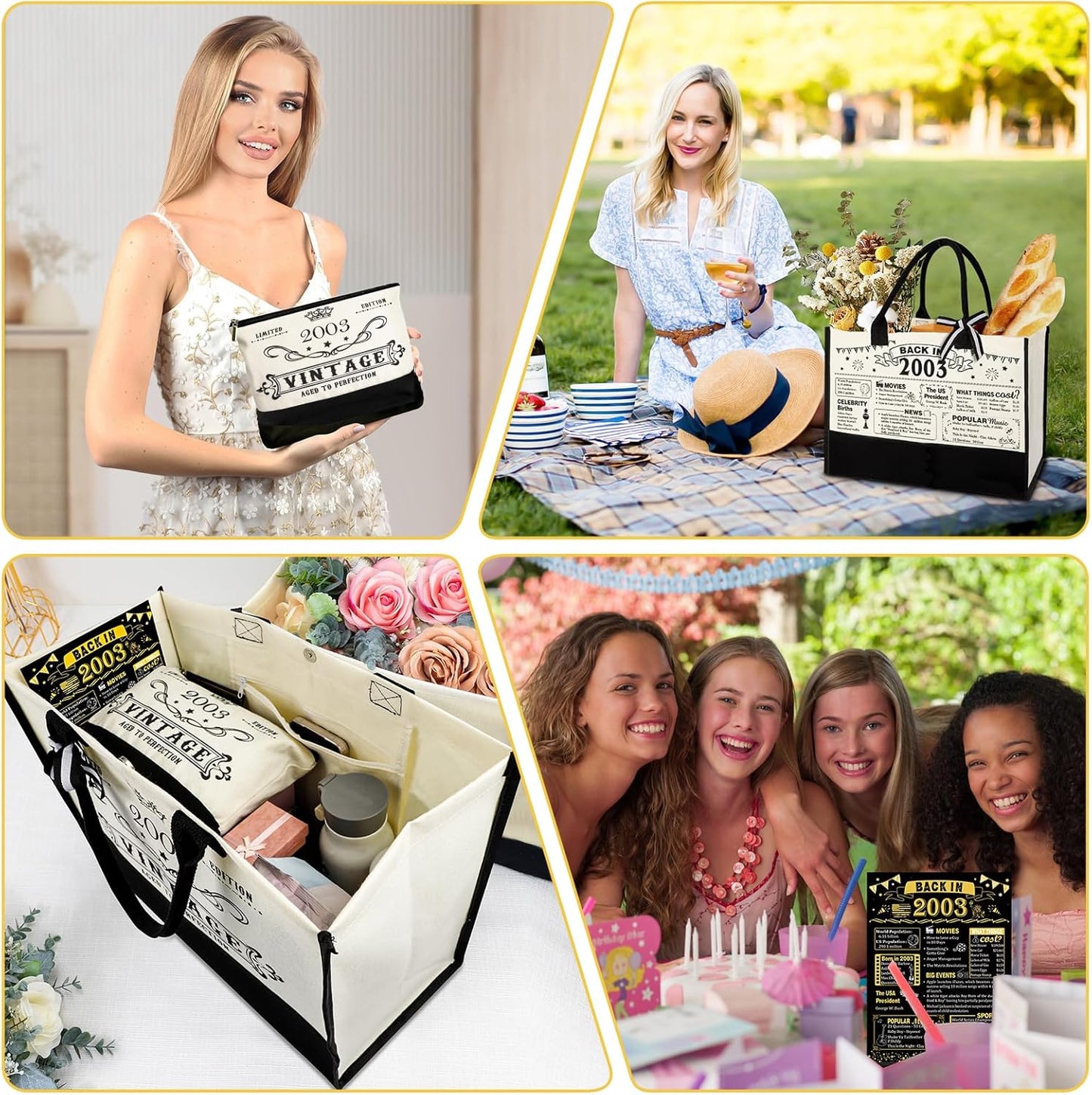 YeohJoy 22nd Birthday Gifts for Her Canvas Tote Bag Travel Gear, Unique 22 Years Old Birthday Gifts for Girlfriend Sister Friends Women,Vintage 2003 Handbag & Cosmetic Bag & Back in 2003 Poster