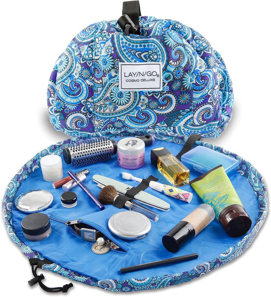 Lay-n-Go Cosmo Layflat Drawstring Cosmetic & Makeup Bag Organizer - Portable Drawstring Bag w/Zipper Pocket, Makeup Loops & More - Durable, Machine Washable Toiletry Bag for Travel (22", Blue Paisley)
