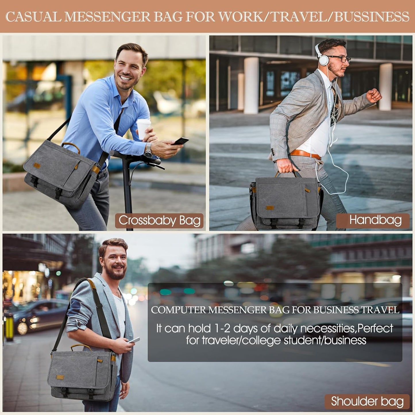 17.3 Inch Messenger Bag for Men: 2PCS Laptop Bag PU Leather Canvas Work Briefcase Large Office