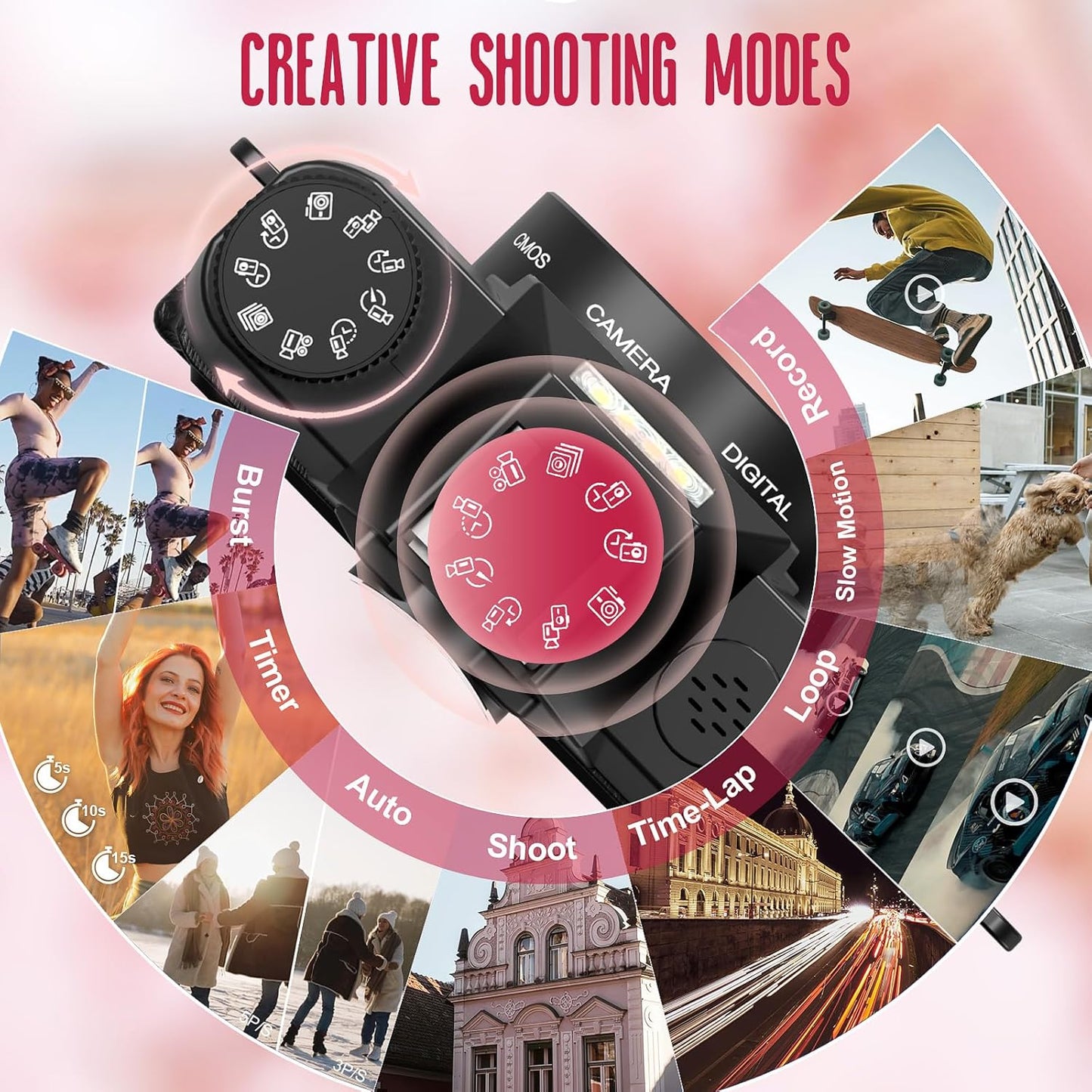 Yatao Digital Cameras for Photography and Vlogging, 6K 64MP Flip Screen, Dual Lens, Microphone for Video, 64GB TF Card, Compact Photo WiFi Camera for YouTube Kit Travel, Beginners (Pink)