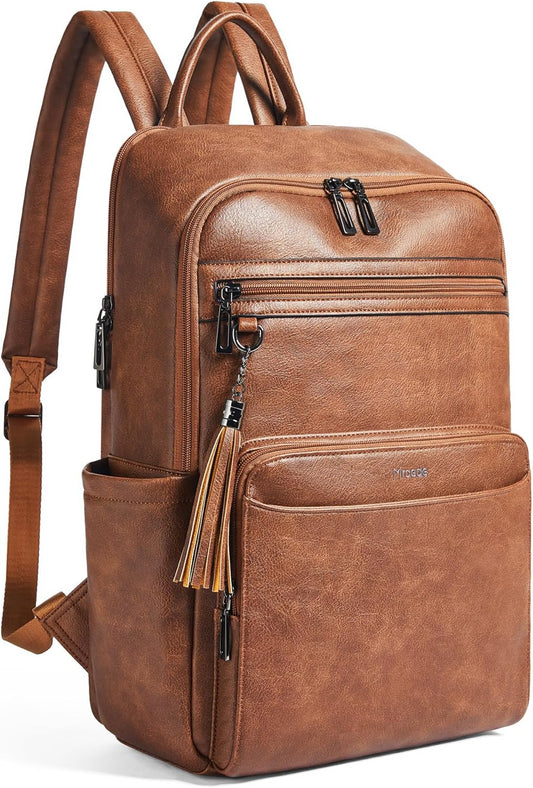 Leather Laptop Backpack for Women,Leather Backpack with Laptop Compartment Fit 15.6 inch Laptops,Carry-on Travel Backpacks,Casual Daypack for Work Business Weekender College,Brown