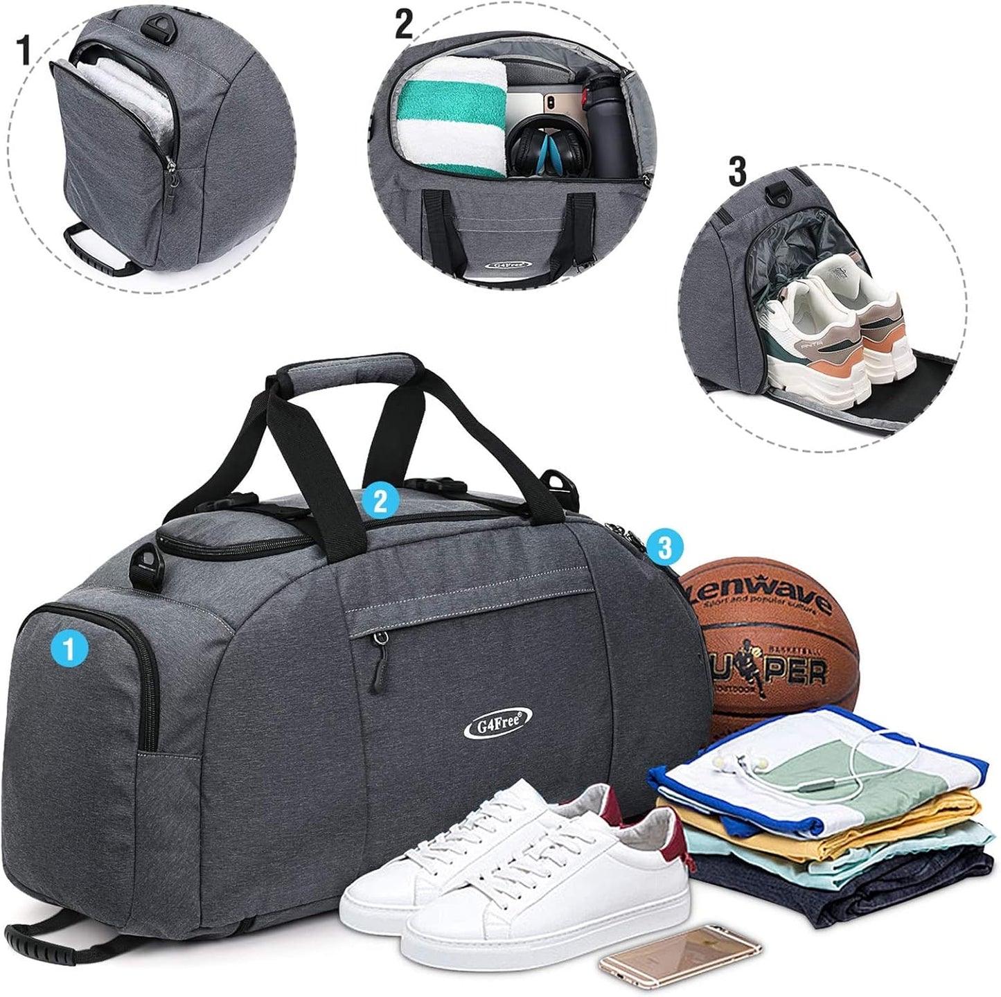 G4Free 40L 3-Way Duffle Bag Backpack Gym Bag for Men Women Sports Duffel Bag with Shoe Compartment Travel Backpack Luggage