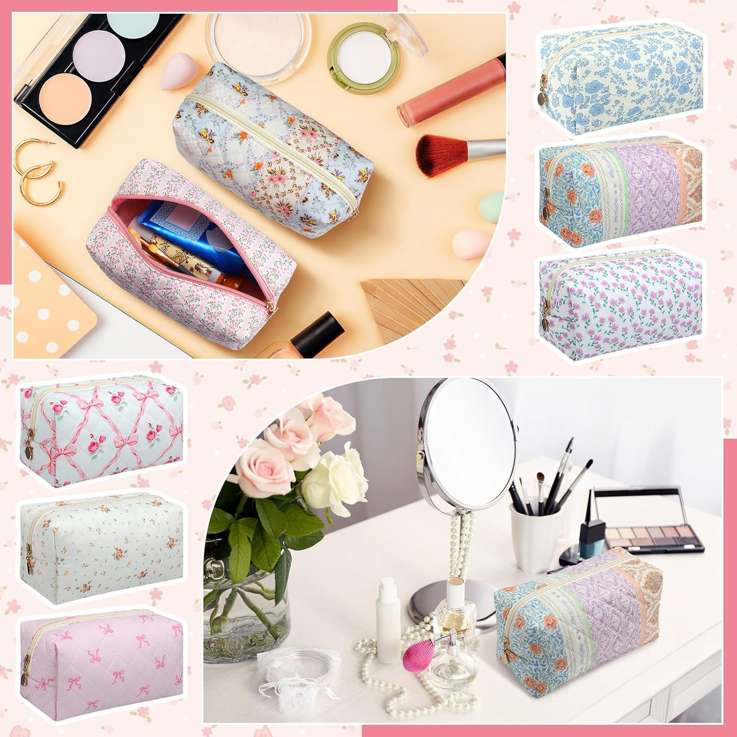 12 Packs Quilted Makeup Bag Flower Theme Toiletry Cosmetic Bag Aesthetic Makeup Pouch Floral Emergency Kit Pouch for Traveling