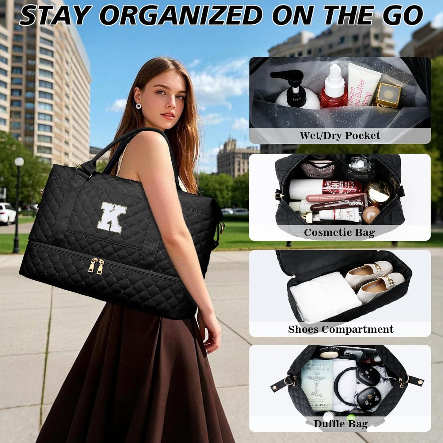 Gifts for Women Girls Initial Travel Duffle Bag Quilted Weekender Carry-On Overnight with Cosmetic Bag, Gym Bag with Shoe Compartment, Black K