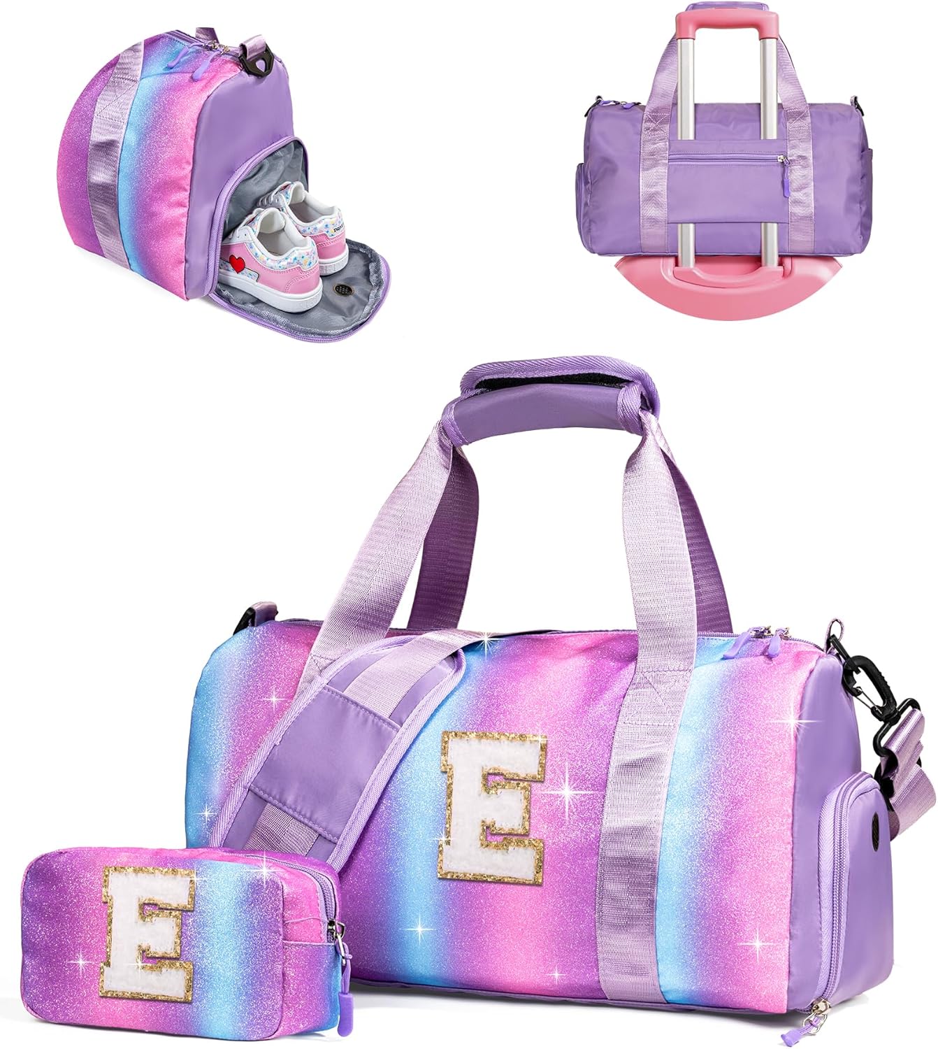 Tween Girls Gifts Trendy Stuff-Girl Gym Bag with Shoe Compartment, Kid Personalized Weekender Overnight Bags, Initial Travel Tote with Makeup Pouch, Preppy Things for Kids (Letter E)