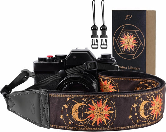 Padwa Lifestyle Helios Moon God Camera Strap -2" Full Grain Leather Ends Camera Straps for Photographers, Vintage Embroidered Cotton Weave Soft Suede Fabric Padded Strap Quick Release fits All Cameras