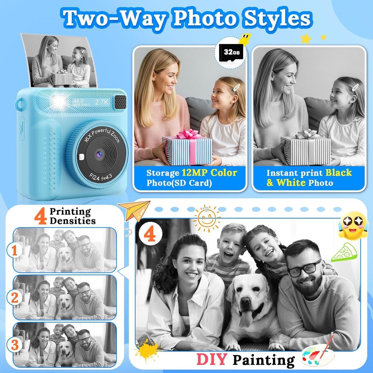 Instant Print Camera for Kids, Kids Cameras Ages 3-12, Digital Toy for Girls & Boys, Christmas and Birthday Gift, Portable HD Video Recorder with 32GB SD Card (Blue)
