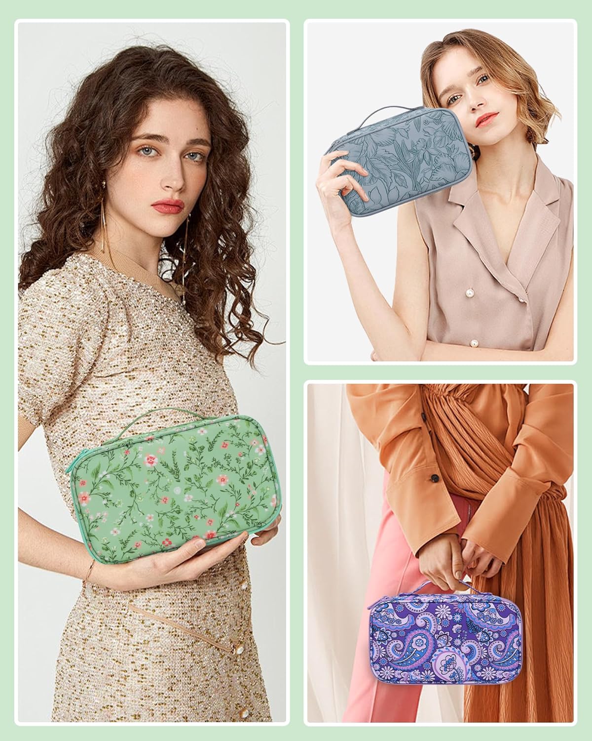 Small Makeup Bag, Travel Floral Cosmetic Bag with Makeup Brush Compartment, Portable Makeup Pouch for Women, Double Layer Makeup Organizer Bag Cute Toiletry Bag, Green Floral