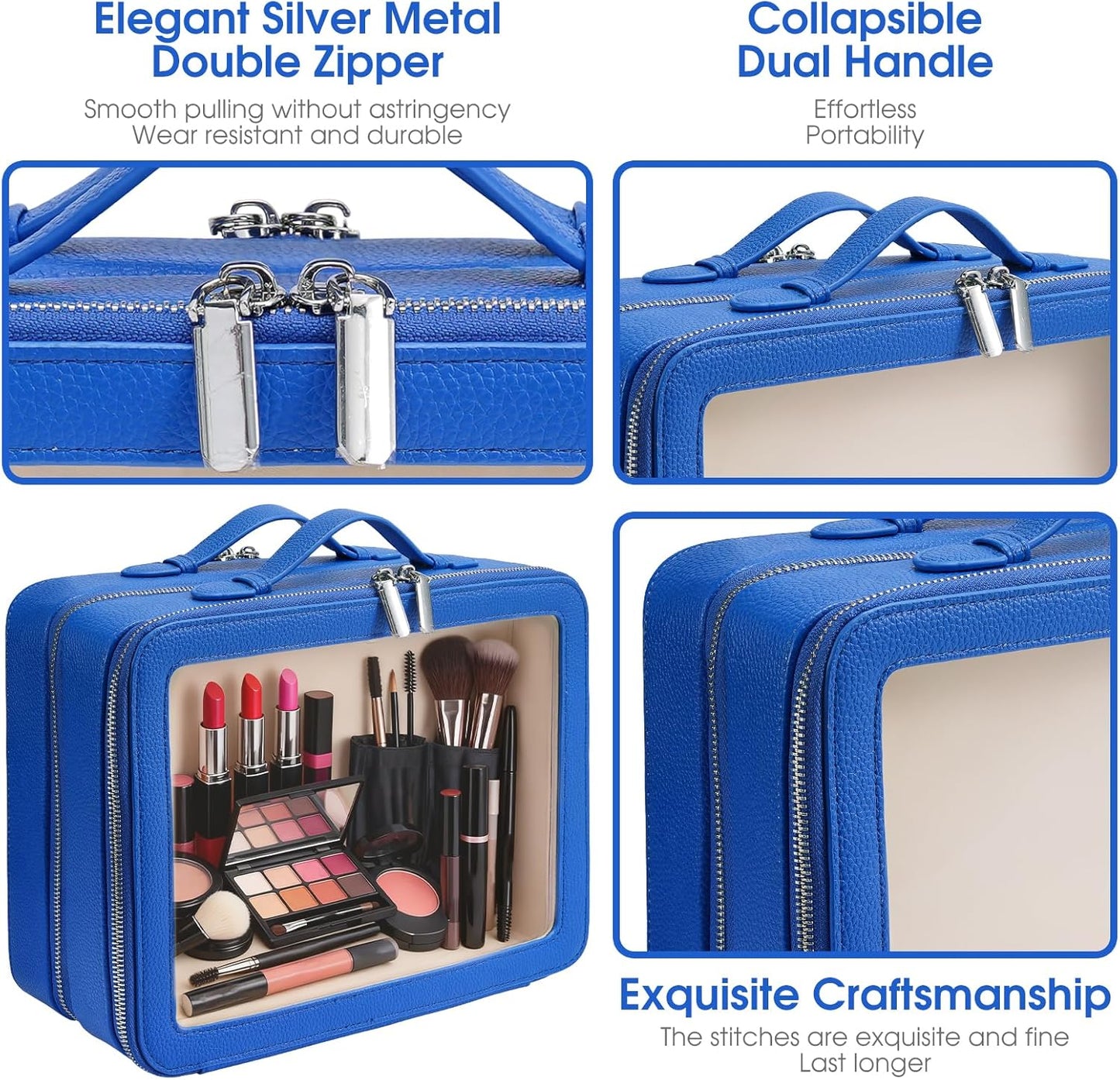 Clear Makeup Bag,Large Toiletry Case for Women,PU Leather Travel Cosmetic Bag,Detachable Makeup Case,Double Compartment Make up Organizer