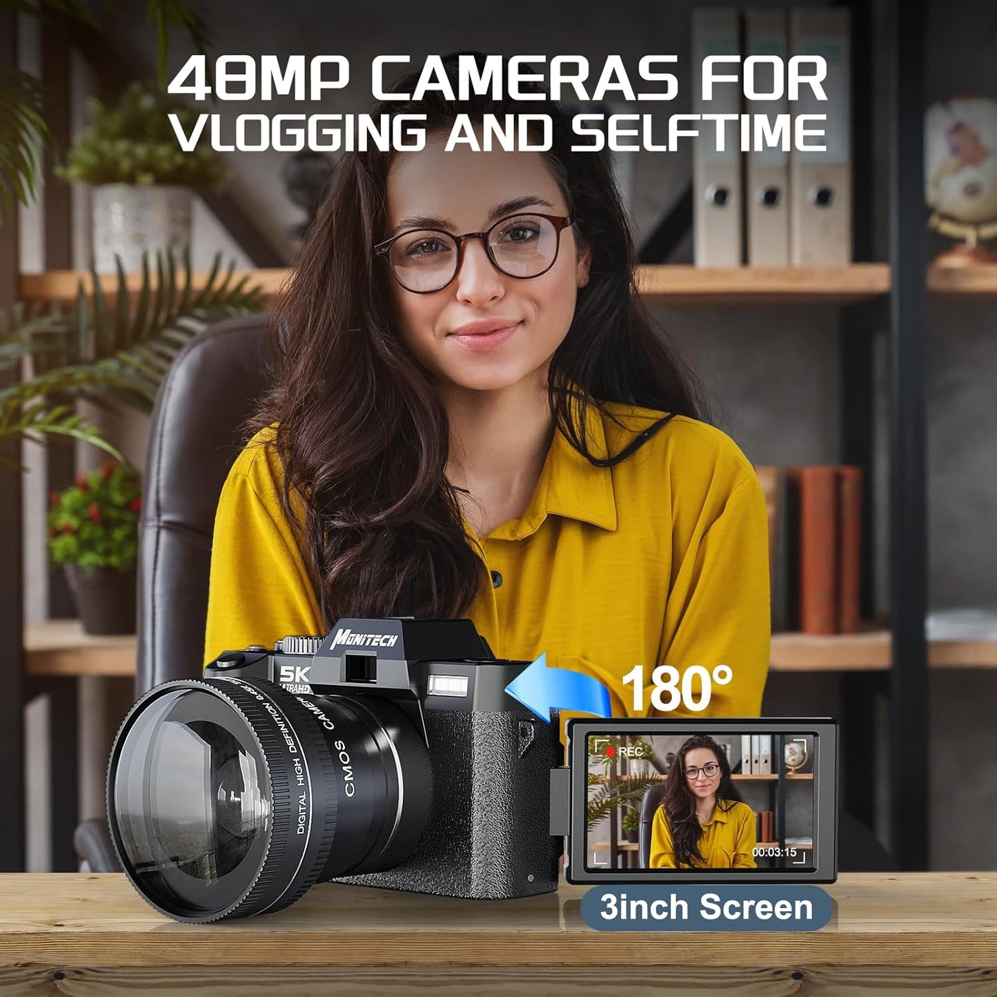 5K Digital Camera, 48MP Cameras for Photography, Vlogging Camera for YouTube with 180° Flip Screen,16X Digital Zoom,52mm Wide Angle & Macro Lens, 2 Batteries, 32GB TF Card