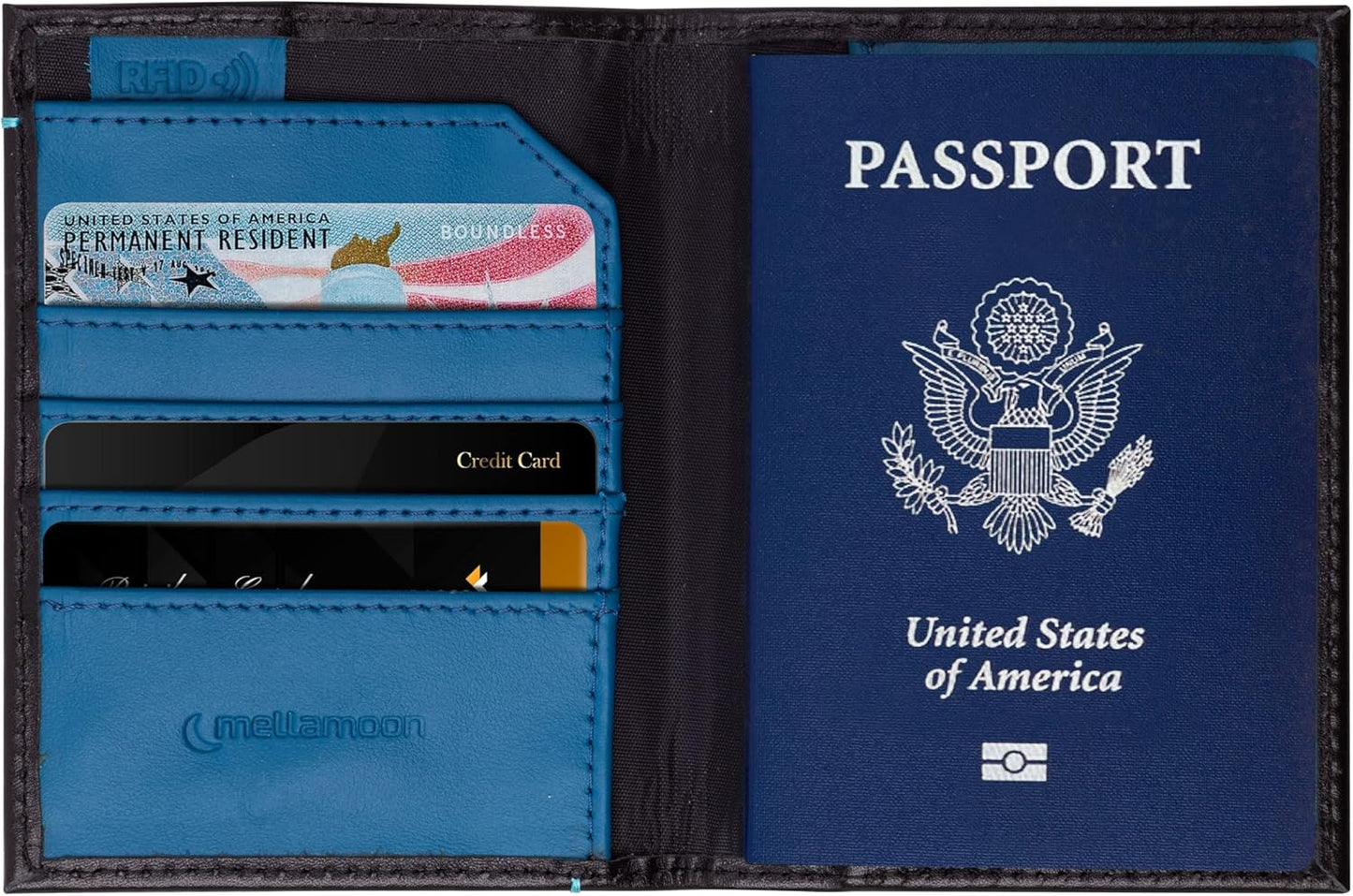 Leather Passport Holder for Men & Women – Genuine Leather RFID Travel Wallet – Slim Handmade Passport Cover with Card Slots & Document Pockets – Bicolor Black & Blue Design