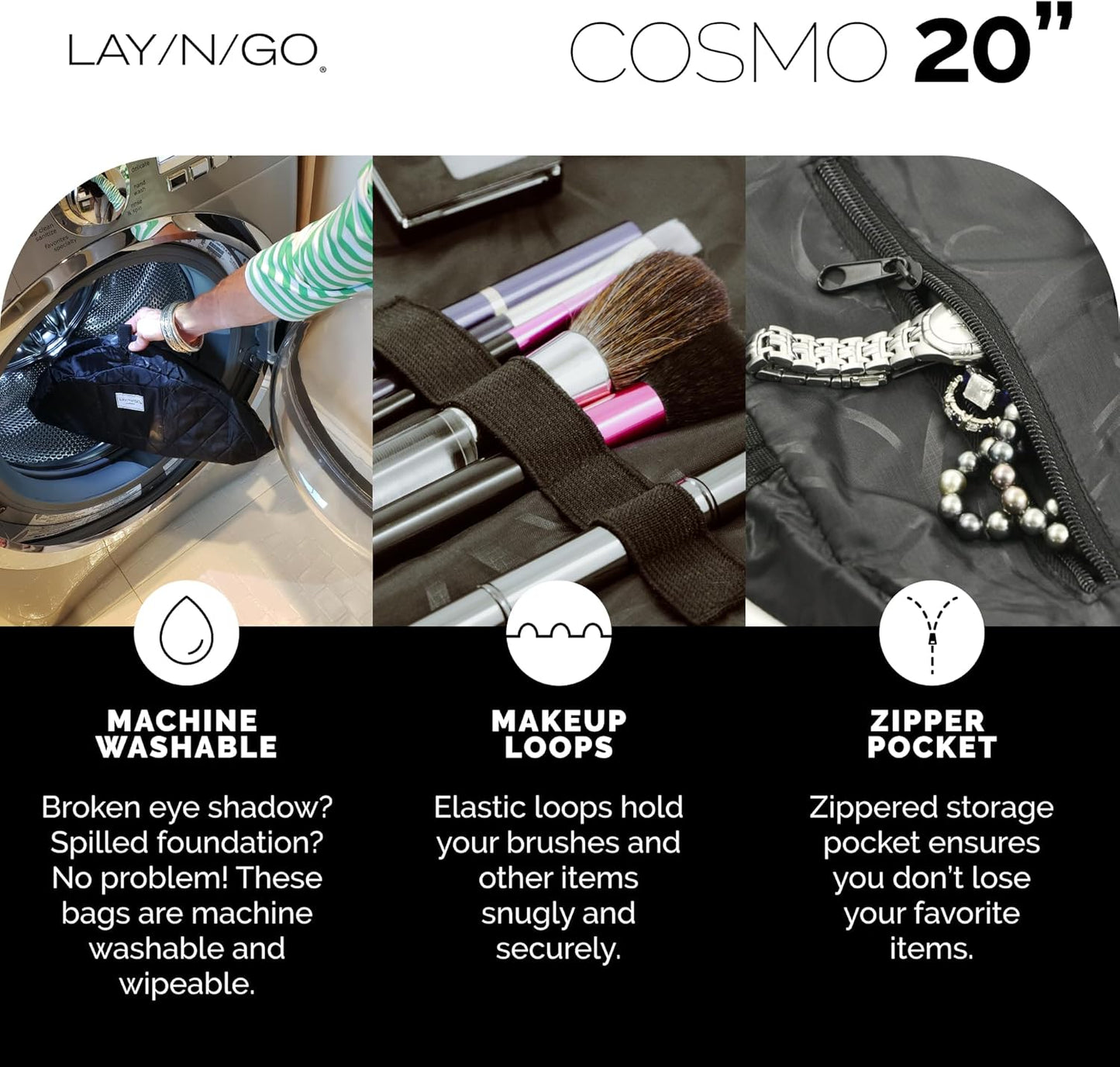 Lay-n-Go Cosmo Layflat Drawstring Cosmetic & Makeup Bag Organizer w/Zipper Pocket, Brush Loops & More, Cinch to Close, Lay Flat to Use, Durable, Machine Wash, Travel Toiletry Bag (20", Dogs)