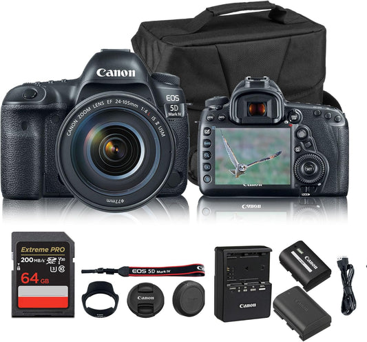 Canon EOS 5D Mark IV DSLR Camera with EF 24-105mm f/4L is II USM Lens | Full-Frame 30.4MP, 4K Video, Dual Pixel CMOS AF | Professional Photography Kit (1483C010) + LP-E6P + Shoulder Bag + 64GB Card